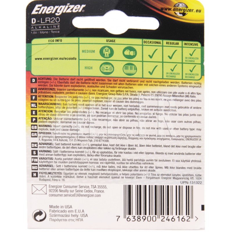 Piles LR20 D Energizer Advanced