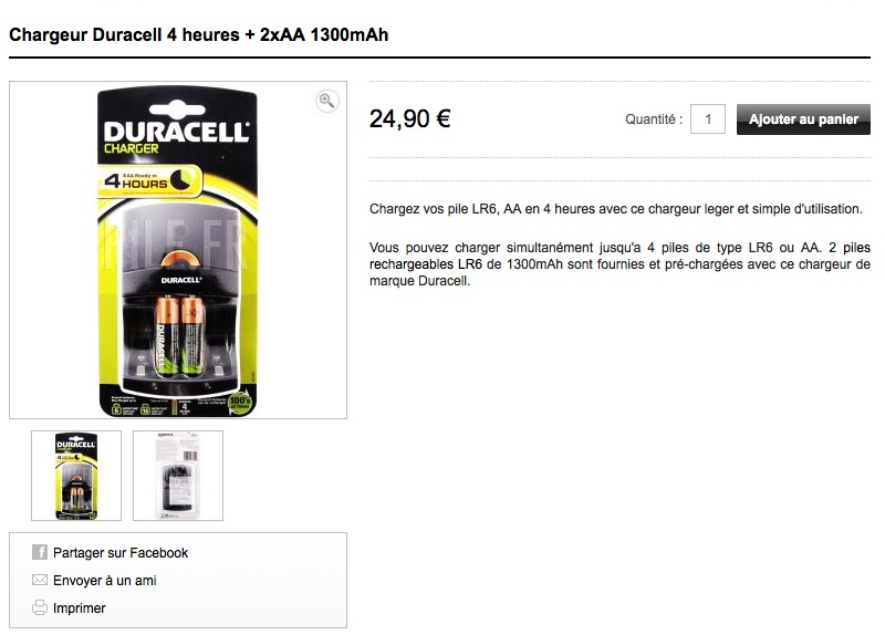 Chargeur Duracell 4 heures + 2xAA 1300mAh